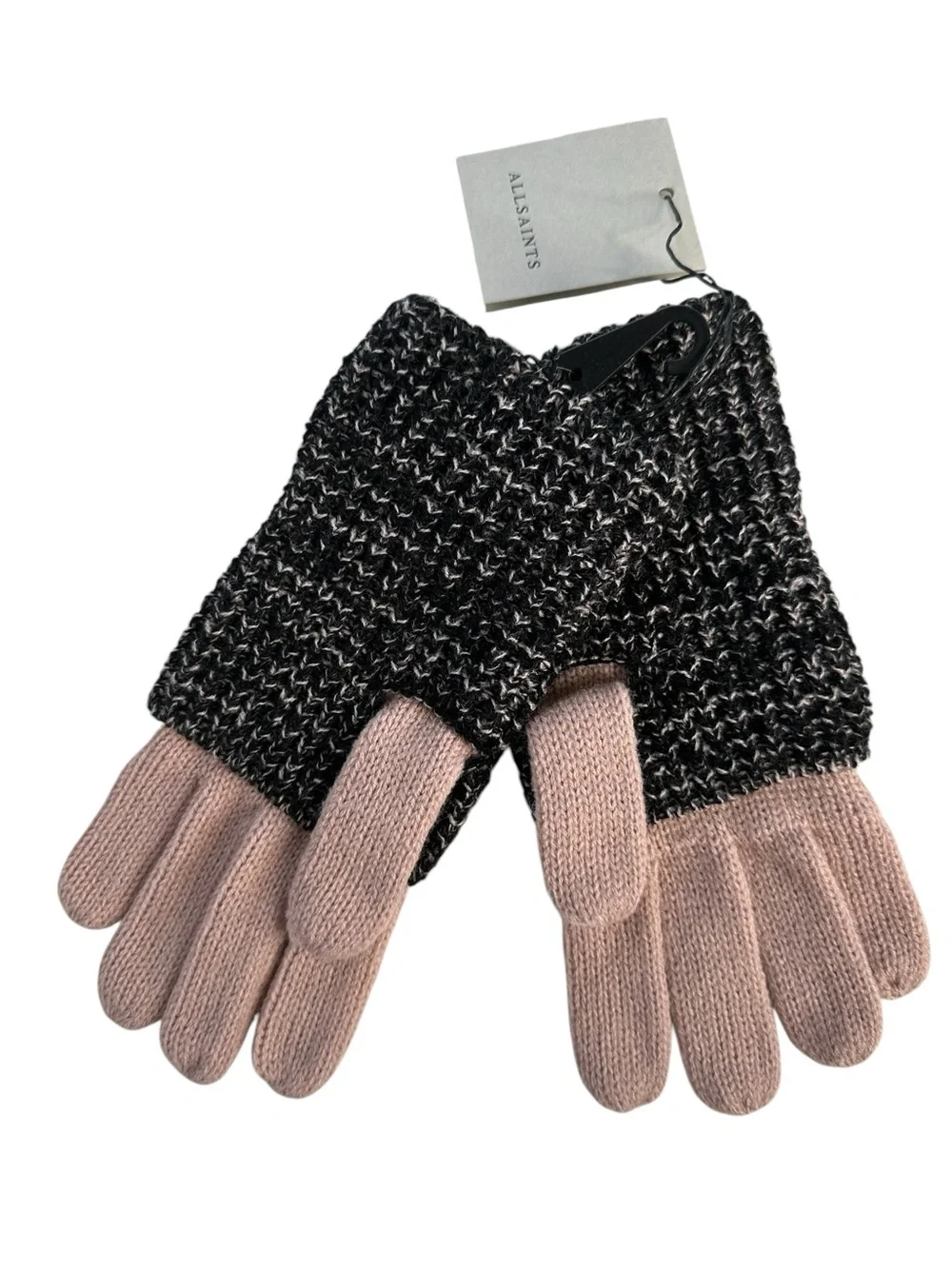 AllSaints Angled Stitch Marled Wool Blend Gloves Black Blush NWT